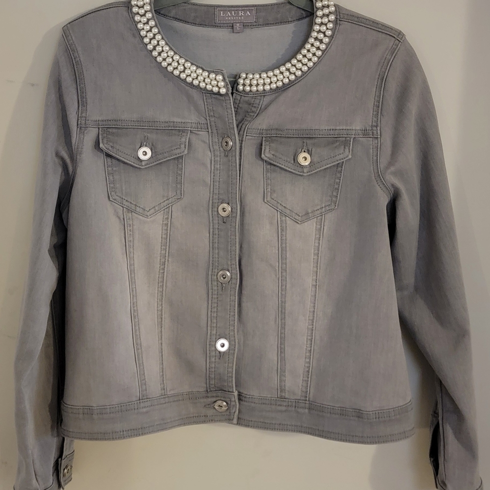 Gray Denim Jacket with Pearl Accents